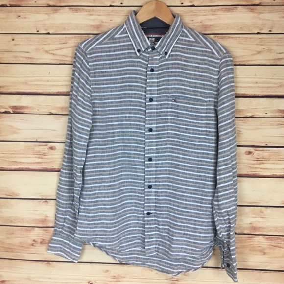 Tommy Hilfiger Mens L//S Custom Fit Yellow Mini Stripe Casual Button Front Shirt